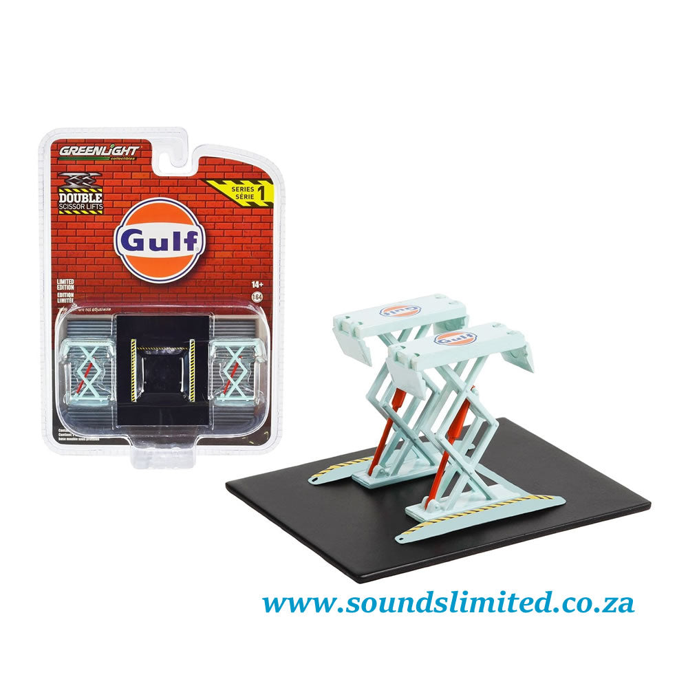 Greenlight Auto Body Shop - Double Scissor Lift "Gulf Oil" Light Blue - 16160-B - 1:64