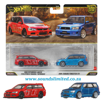 Hot Wheels Premium Twin Pack 2005 Mitsubishi Lancer Evolution IX Wagon & 2004 Subaru Forester STI JHW46
