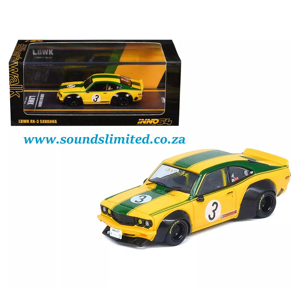 Inno64 Models 1/64 Mazda RX-3 Liberty Walk RHD #3 "Savanna" Yellow with Green Stripes