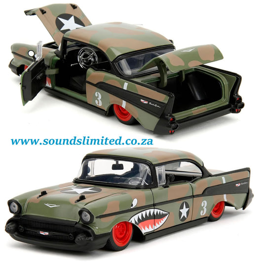 Jada 1/24 1957 Chevy Bel Air #3 Camouflage with Shark Mouth Graphics Bigtime Muscle - #35027