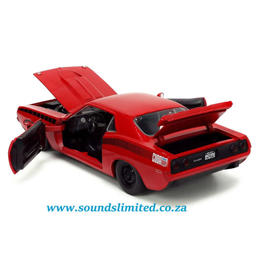 Jada BigTime Muscle 1973 Plymouth Barracuda & Black Stripes Model Red 1/24 34037
