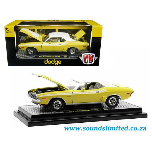 M2 Machines 1/24 1971 Dodge Challenger R/T 383 Banana Yellow w/White Stripes Ltd Ed 40300-95B
