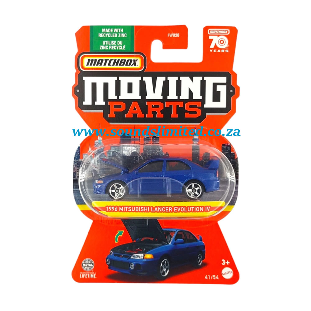 Matchbox HLG26 Moving Parts 1996 Mitsubishi Lancer Evolution IV Blue