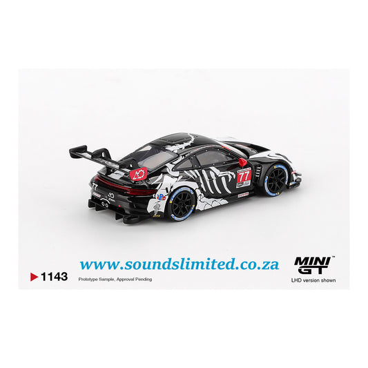 Mini GT #1143 Porsche 911 GT3 R #77 AO Racing 2025 IMSA Petit Le Mans Skeleton Rexy