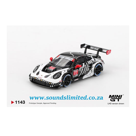 Mini GT #1143 Porsche 911 GT3 R #77 AO Racing 2025 IMSA Petit Le Mans Skeleton Rexy