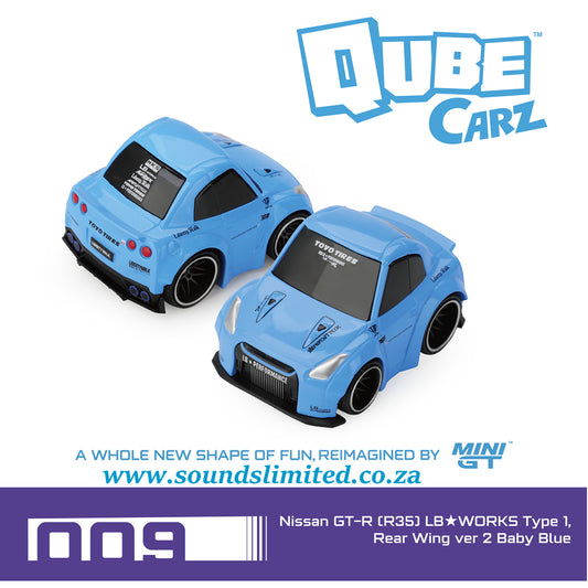 Mini GT Qube Carz #009 Nissan GT-R (R35) LB★WORKS Type 1, Rear Wing ver 2 Baby Blue QZ00302